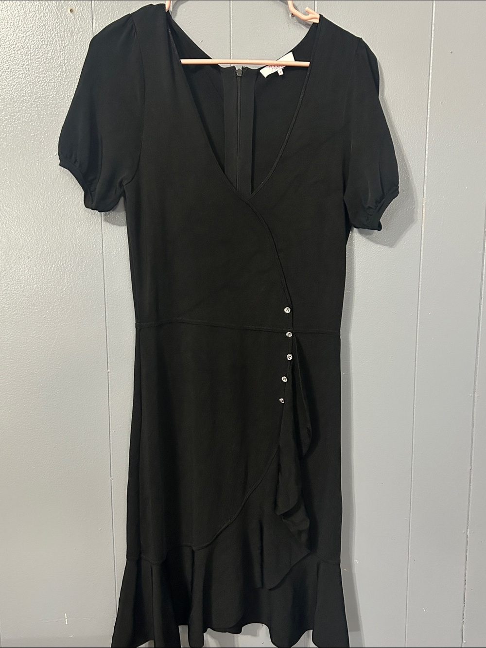 Parker Black Faux-Wrap Midi Dress with Puff Sleeves